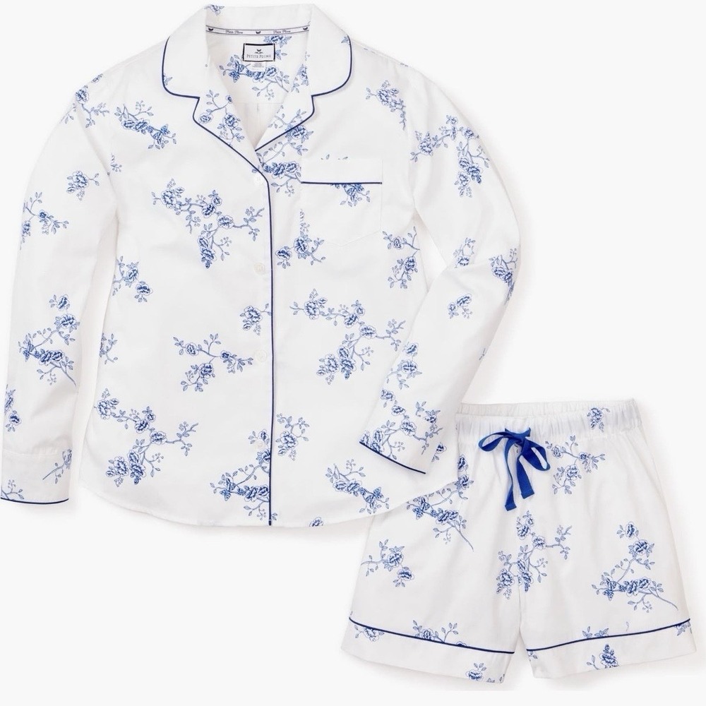 Petite Plume Women's Twill Long Sleeve Short Pajama Set Blue Toile Cotton XS